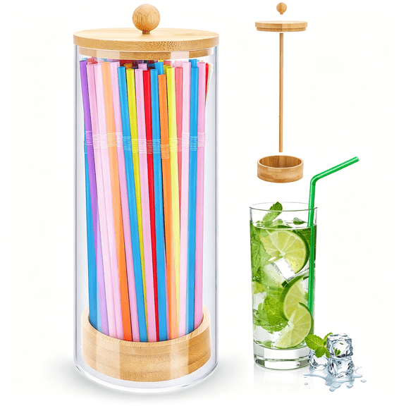 ACDANC 10-Inch Acrylic Straw Dispenser with Bamboo Lid with 100 Colorful Straws,Transparent Counter Container Countertop Organizer for Kitchen,Office,Cabinet Storage,Holds Pencils,Cutlery