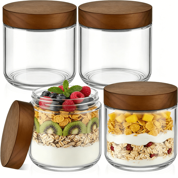 ACDANC 10 Oz Small Glass Jars with Lids,Glass Container with Acacia Wood Airtight Lid,Wide Mouth Canisters for Chia Pudding Loose Tea Coffee Meal Prep Parfait Salad Snacks Yogurt Spice,4-Pack