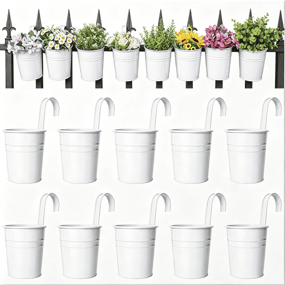 ACDANC 10 Pcs Hanging Flower Pots Metal Iron Bucket Planter for Railing Fence Balcony Garden Home Decoration Flower Holders with Detachable Hooks, White, 5 Inches
