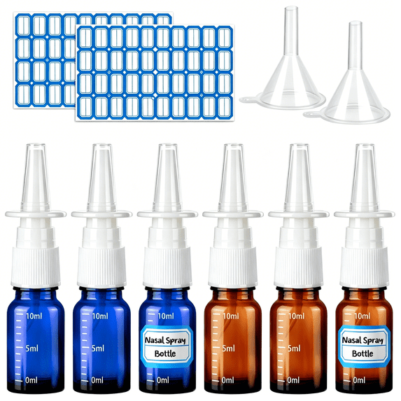 ACDANC 10 Pcs Nasal Spray Bottle,10Ml/0.35Oz 6 Pcs Glass Empty Brown Blue Scale Nasal Nose Spray Bottles Refillable with 2 Funnels and 2 Labels