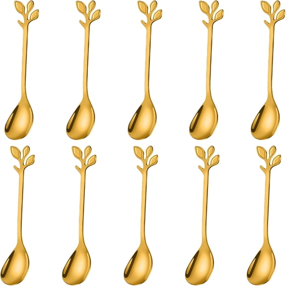 ACDANC 10-Piece Gold Leaf Coffee Spoons, 4.7 Inch Mini Stainless Steel Espresso And Dessert Tea Utensils, Elegant Tableware For Demitasse And Small Servings