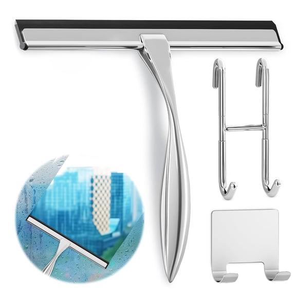ACDANC 10" Silver Shower Door Squeegee Stainless Steel Shower Squeegee for Streak-Free Bathroom Glass with Silicone Blade,Adhesive&Hanging Hooks for Window,Car,Multi-Surface Everyday Use