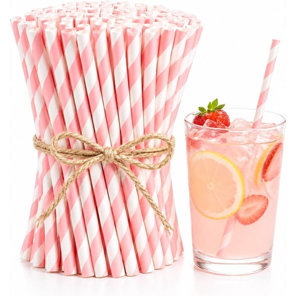 ACDANC 100 Count Pink Striped Paper Straws, Biodegradable Disposable Drinking Straws for Bridal Shower, Birthday, Cocktails, Wedding, Baby Shower Party Decoration Supplies