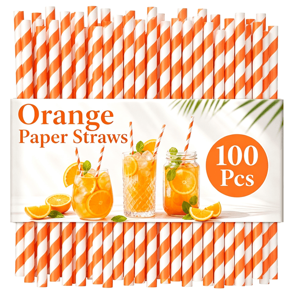 ACDANC 100 Pack Orange and White Striped Paper Straws,Disposable Biodegradable Drinking Straws,7.75" Cocktail Straws for Aperol Spritz,Lemonade,Halloween,Fall Party & Thanksgiving