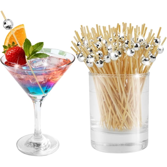 ACDANC 100 Pcs Cocktail Picks,Disco Ball Decorative Toothpicks for Appetizers,Silver Cocktail Skewers for Appetizers,Wooden Long Cocktail Picks Disco Theme for Party Supplies (4.7 Inch,Silver)