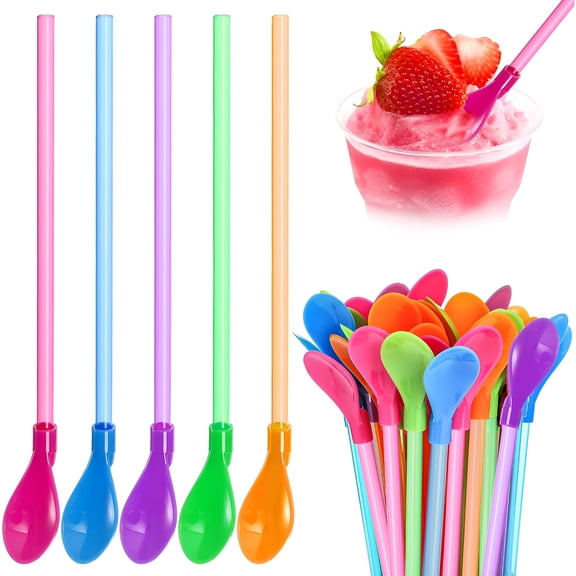 ACDANC 100 Pcs Cone Spoon Straw 9 Inch Hard Plastic Detachable Straw Reusable Long Milkshake Straws for Drinking Cone Ice Cream Coffee Utensil Stirring Spoon Assorted