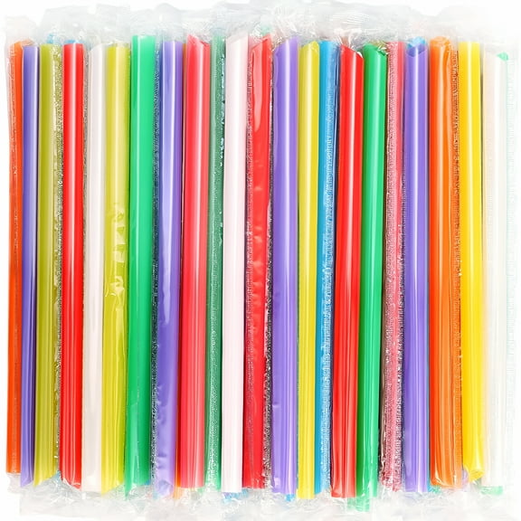 ACDANC 100 Pcs Individually Packaged Pointed Jumbo Smoothie Straws,Disposable Individually Wrapped Plastic Lengthen Milkshake Boba Straw (0.43" Diameter and 9.45" long) (Colorful)