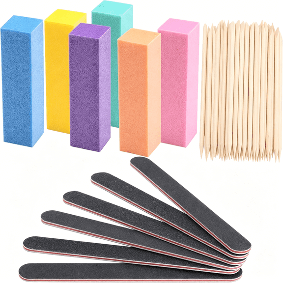 ACDANC 100 Pcs Orange Sticks for Nails Double Sided Multi Functional Wooden Cuticle Pusher Stick,6 Pcs 100/180 Grit Nail Files and 6 Pcs Buffer Block