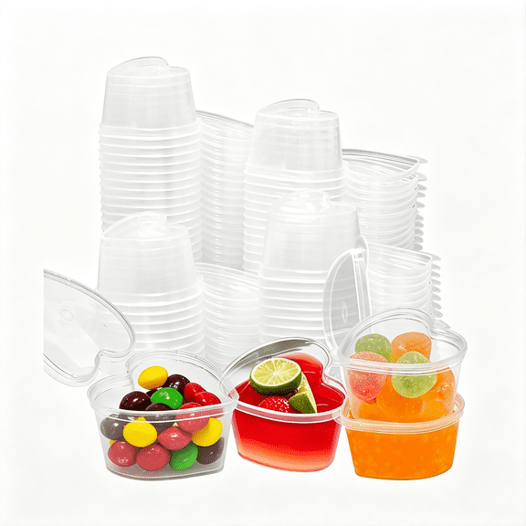 ACDANC 100 Sets 1.5 Oz Heart Shaped Jello Shot Cups with Lids, Disposable Plastic Cups,Small Condiment Containers,Plastic Souffle Cup, Mini Sample Tasting Cups, Dipping Sauce Cup to Go Bowls, Clear