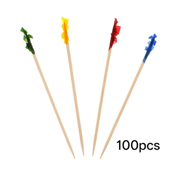 ACDANC 100pcs Bamboo Fruit Picks with Colorful Plastic Strip Flower Picks Cocktail Picks Cocktail Sticks Sandwich Fruit Toothpicks Party Supplies