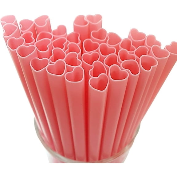 ACDANC 100pcs Heart Shaped Pink Straws Disposable Cute Straw Individually Wrapped Plastic Pink Straw Party Birthday Bridal Shower Wedding