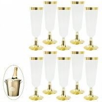 ACDANC 10Pcs Champagne Flutes Plastic 5 oz Extended Height Stem Party Cups Disposable Clear Cups for Parties Wedding Decoration Friend Gathering Gold