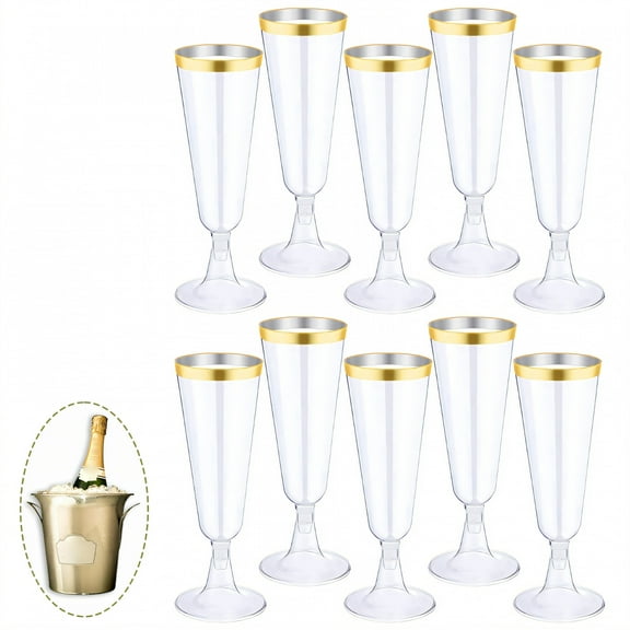 ACDANC 10Pcs Champagne Flutes Plastic 5 oz Spacious Open Bowl Party Cups Disposable Clear Cups for Bridal Shower Party Gold