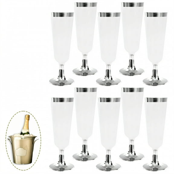 ACDANC 10Pcs Champagne Flutes Plastic 5 oz Tall Structural Support Plastic Wine Cups Disposable Champagne Flutes for Bridal Shower Party Silver