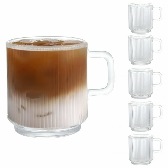 ACDANC,12 Oz Premium Glass Coffee Mugs with Handle,Classic Vertical Stripes Tea Cup,Transparent Tea Glasses for Hot/Cold Beverages Coffee Glasses