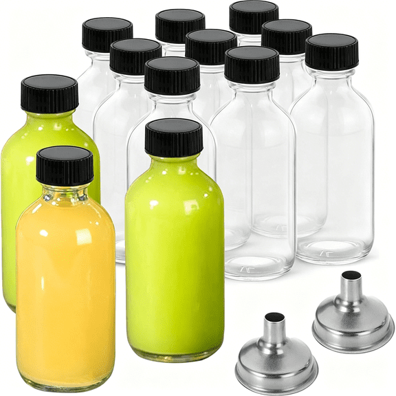 ACDANC 12 Pack 2 Oz Small Clear Glass Bottles with Lids&2 Funnels-60Ml Boston Round Sample Bottles for Potion,Juice,Ginger Shots,Oils,Whiskey,Wellness Shots,Mini Travel Bottles
