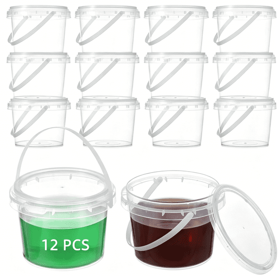 ACDANC 12 Pcs 10 Oz Containers for Slime, Empty Clear Bucket with Lids & Handles, Slime Containers, Round Pot Jar for Diy Slime Making, Storage for Candy, Beads, Art Crafts