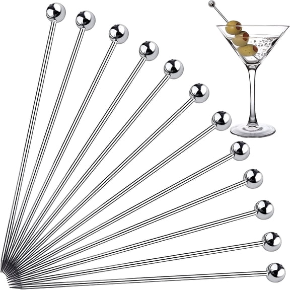 ACDANC 12 Pcs Stainless Steel Cocktail Picks, 4 Inch Metal Martini Olive Skewers, Reusable Fancy Bar Toothpicks for Appetizers and Fruit Garnish