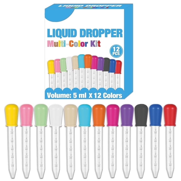 ACDANC 12-Piece Liquid Pipettes Droppers 5ML Set with Clean Brush, 12 Colors Plastic Clear Pipettes for Kids with Silicone Bulb Tip, Medicine Eye Dropper for Feeding/Crafts/Candy Mold/Gummy