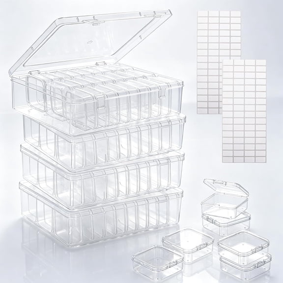 ACDANC 124Pcs Bead Storage Containers,Clear Plastic Bead Organizer Boxes with 128 Stickers for Diamond Painting Accessories Seed Jewelry Charms Diy Craft(4 Large Boxes and 120 Small Boxes)