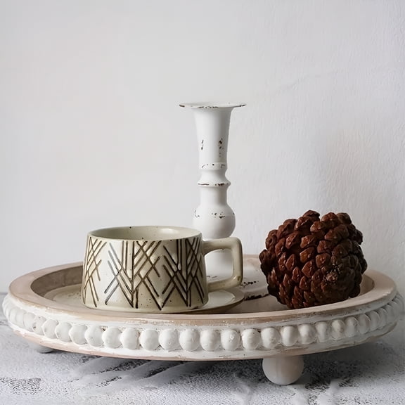 ACDANC 12In Round Wooden Serving Tray with Beaded Rim,Distressed White Farmhouse Decor for Coffee Table & Kitchen Table Decorative Trays for Home Decor