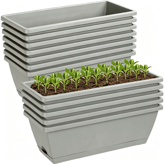 ACDANC 12Pcs 17Inches Rectangle Planter Box with Drainage Holes and Trays Plastic Planters Flower Boxes Pots for Indoor Outdoor Plants Patio Garden Home Decor Porch Yard (Gray)