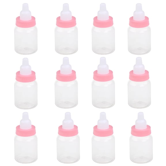 ACDANC 12Pcs Mini Milk Bottle Baby Shower Favors, Pink Plastic Nursery Decor for Party Tables, Fillers for Gift Bags, and Baby Celebration Game Supplies