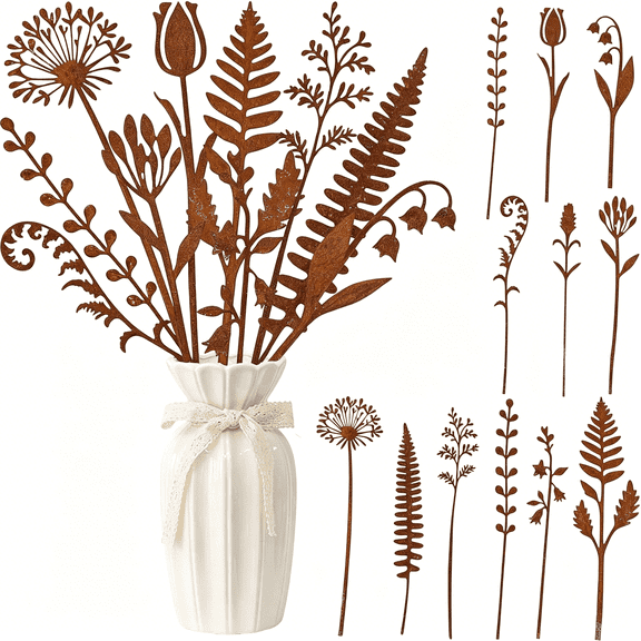 ACDANC 12Pcs Rustic Metal Flowers and Plants Garden Stakes Rusty Plant Shaped Decoration Fern Leaf Decor for Flower Arrangements Potted Plants Patio Lawn Yard Walkway and Outdoor Courtyard Decoration