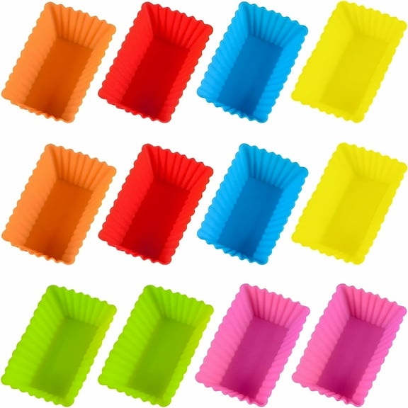 ACDANC 12pcs Silicone Mini Rectangle Reusable Cupcake and Muffin Baking Cup Silicone Cupcake Liners Non-Stick Small Loaf Pan (Random Color)
