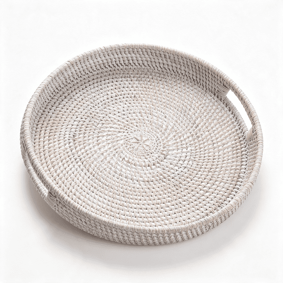 ACDANC 13.8 Inch Round Rattan Tray, Decorative Coffee Table Tray, Ottoman Tray, Woven Serving Tray with Handles, Wicker Serving Basket, Whitewash Coffee Table Tray