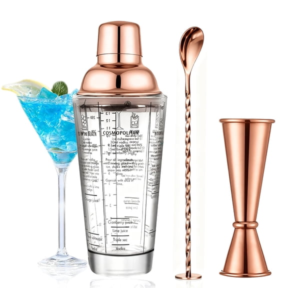 ACDANC 14Oz Glass Cocktail Shaker Set, 4Pcs Bartender Kit, Martini Mixer Shaker with Built-In Strainer, Mixing Spoon, Measuring Jigger , Bar Tool Set for Beginners Use (Rose Gold)