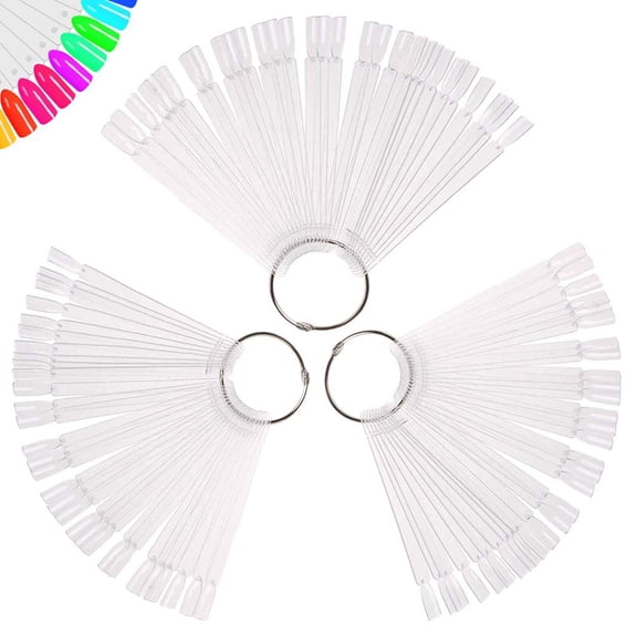 ACDANC 150 Pcs Clear Nail Swatch Sticks with Ring, Fan Shape Nail Art Polish Display Tips, False Nail Sample Sticks, Nail Practice Color Display, Transparent Polish Board for Nails