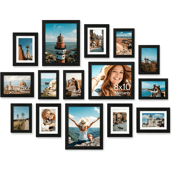 ACDANC 15Pcs Picture Frames Collage Wall Decor for Mounting Or Tabletop Display,Gallery Frame Set for Family,Multi Sizes Including 3Pcs 8X10,6Pcs 5X7,6Pcs 4X6,Black