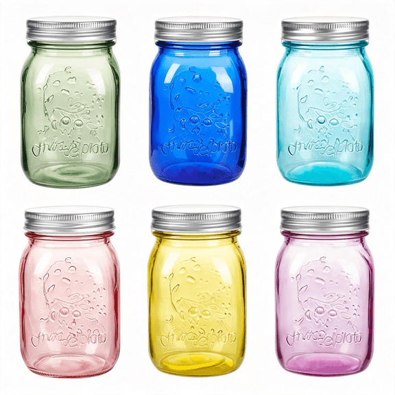 ACDANC 16 Oz Colored Mason Jars with LidsRegular Mouth Canning Jar, 6 Pack Multifunction Glass Container, for Storage, Canning, Pickling, Preserving, Fermenting, Diy Crafts & Decor