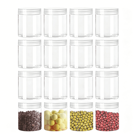 ACDANC 16 Pack Clear Plastic Jars with Lid, PET Material Sealed Food Jars Refillable Empty Cosmetics Containers, Kitchen Spices Round Storage Jars Slime Jars for Lotion Cream Ointments