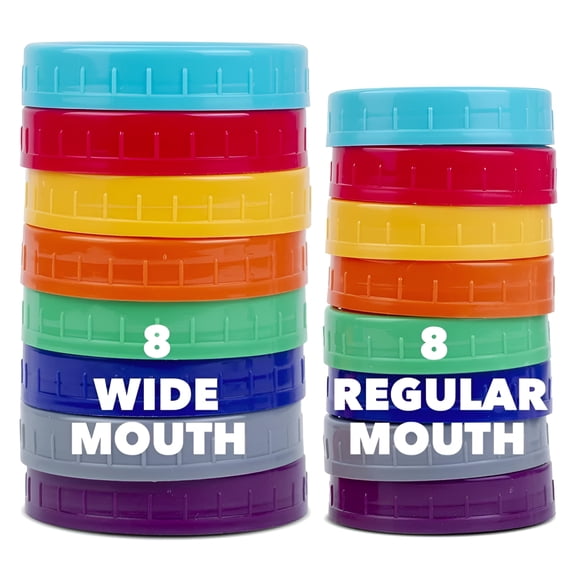 ACDANC 16 Pack Colored Plastic Mason Jar Lids - 8 Regular Mouth & 8 Wide Mouth Ball Jar Lids- Food-Grade Recyclable Plastic Storage Caps for Canning Jars - Anti-Scratch Resistant Surface