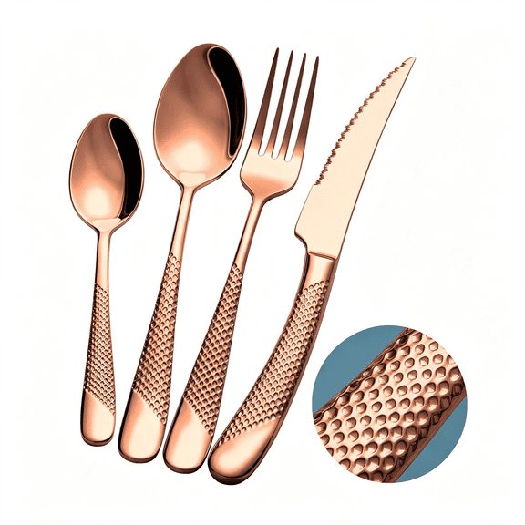 ACDANC 16-Pc Modern Copper Hammered 18/10 Stainless Steel Silverware Set Ultra 2-In-1 Serrated Knives,Ergonomic Non-Slip Handles,Service for 4,Rust Resistant,Dishwasher Safe