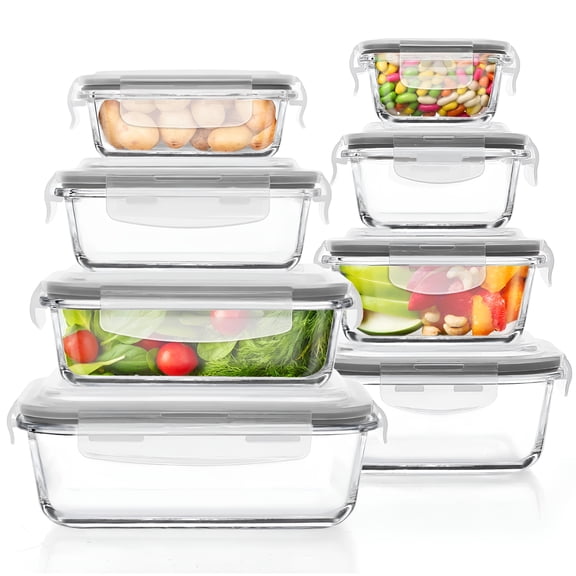 ACDANC 16 Pcs Glass Food Storage Containers,Meal Prep,Airtight Lunch Boxes with Leak Proof Locking Lids,Microwave/Oven/Freezer/Dishwasher Safe,BPA Free Glass Tupperware Sets with Lids - Grey