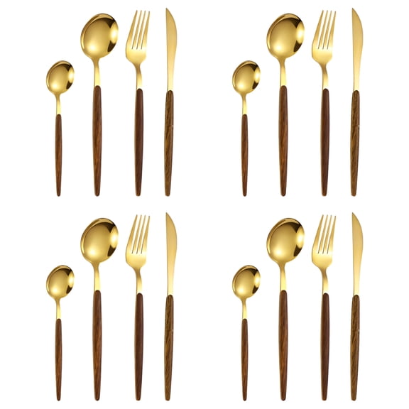 ACDANC 16 Pieces Wood Surface Handle and Matte Gold Head Flatware Set, Gold Silverware Set, Stainless Steel Cutlery Set, Utensil Sets, Service Set for 4