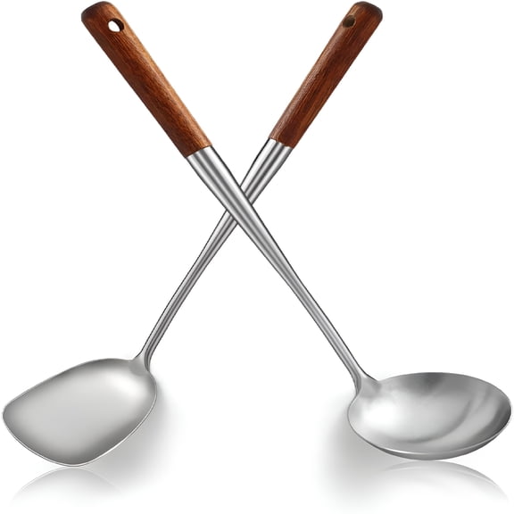 ACDANC 17 Wok Spatula&Ladle Set,Stainless Steel Wok Tools with Wooden Handle,Heat-Resistant Chinese Turner&Deep Soup Ladle,2-Piece Wok Utensils for Stir-Fry,Wok Accessories