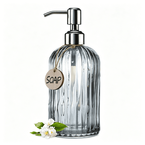 ACDANC 18 Oz Vertical Stripes Kitchen Soap Dispenser with 304 Rust Proof Stainless Steel Pump, Refillable Liquid Soap Dispenser for Bathroom, Kitchen, Hand Soap, Dish Soap (Clear Grey)