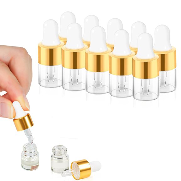 ACDANC 1Ml Mini Glass Dropper Bottle for Essential Oil,10Pcs|Small Clear Travel Sample Dropper Vails with Gold Cap,Perfume Cosmetic Liquid Containers for Traveling