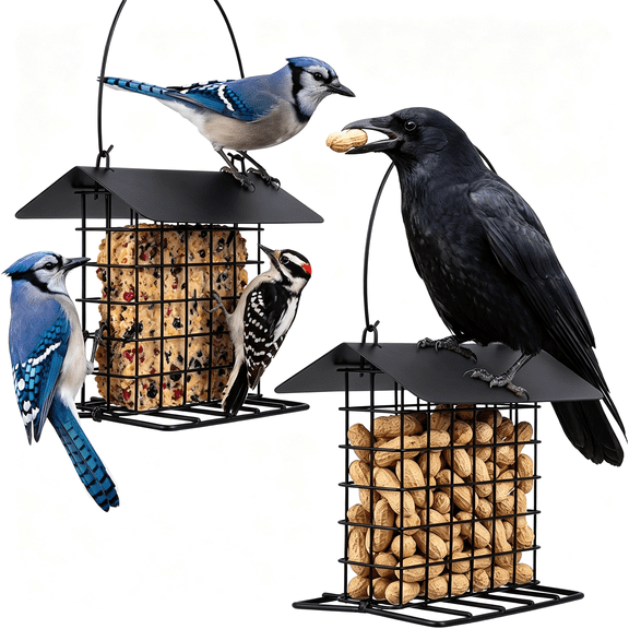 ACDANC 1Pcs Blue Jay&Crow Peanut Feeder:Bird Nesting Material&Suet Cake Holder | Outdoor Hanging Bird Feeder Cage with Weatherproof Roof&Perch Fits Cardinal Mourning Dove Oriole,Blue Grosbeak