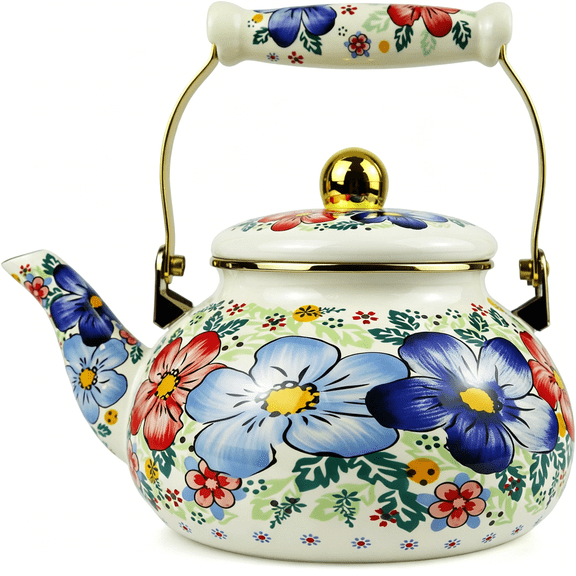 ACDANC 2.5L Enamel Tea Kettle, Bohemia Blue Flower Stovetop Teapot, Stylish Retro Steel Enamel Hot Water Kettle, Retro Classic Design Ideal Home Decor/Christmas Gift