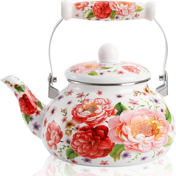 ACDANC 2.6 Quart Enamel Tea Kettle Stovetop, Large Porcelain Enameled Teakettle, 2.5L Vintage Tea Pot with Ceramic Cool Handle, Colorful Floral Steel Teapot for Hot Water, Retro Decor, No Whistling