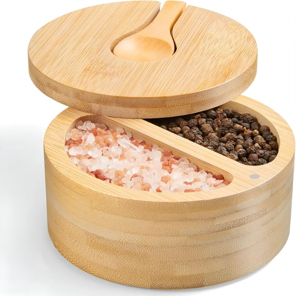 ACDANC 2-Compartment Salt Box with Lid and Spoon,Bamboo Salt Cellar with Swivel Lid,Salt and Pepper Bowls for Salt & Spices,Dual 6 Oz Salt Container