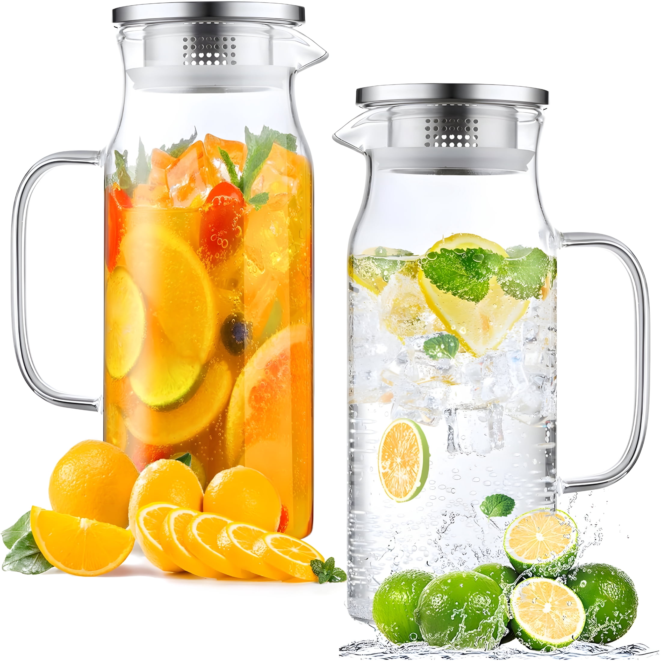 ACDANC 2 Pack 1.2 Liter 40 Oz Small Glass Pitcher with Lid and Handle,Glass Carafe Water Pitcher for Hot/Cold Water,Iced Tea,Drinks,Coffee,Juice and Homemade Beverage
