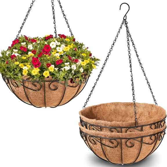 ACDANC 2 Pack 14 Inch Metal Hanging Baskets for Plants Outdoor- Round Wire Hanging Planters Basket with Coconut Coir Liner,Hanging Flower Pot for Outdoor Plants Flowers Garden Decorations