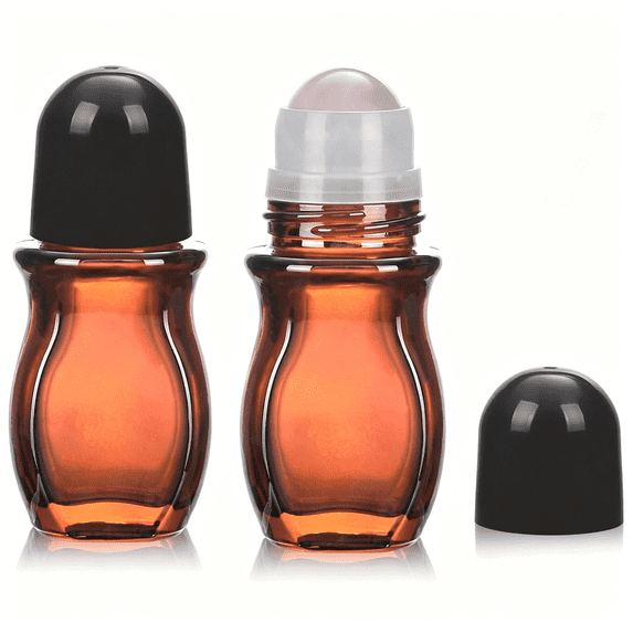 ACDANC 2 Pack 1Oz Large Amber Glass Roll on Bottles for Essential Oils Perfume Refillable Quartz Roller Ball Applicator Empty Deodorant Containers with Crystal Rollerball