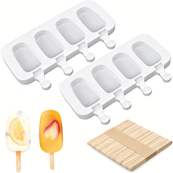 ACDANC 2 Pack 4-Cavity Silicone Cakesicle Molds Reusable Oval Cake Popsicle Mold with 50 Wooden Sticks for Homemade DIY Ice Cream Bars Cake Pops Cakesicles Easy Baking Tools